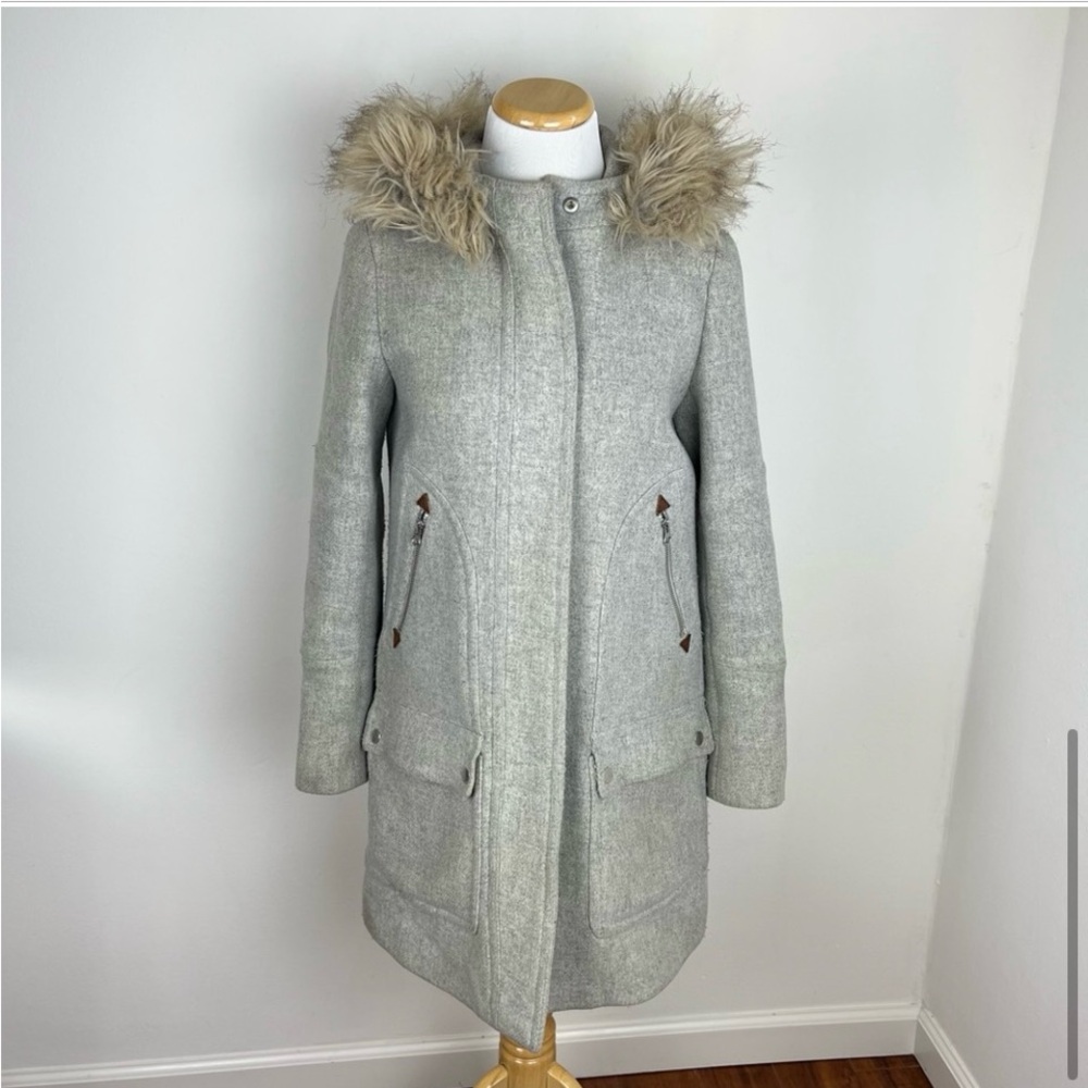 J. Crew Chateau Parka in Italian stadium-cloth wool Gray Coat Fur Hood Size 0